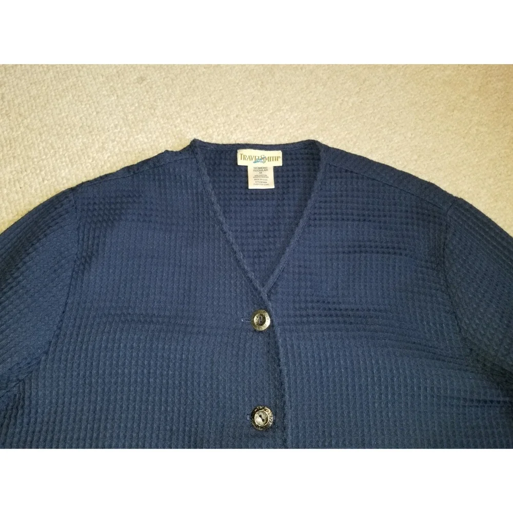 Womens Jacket-TRAVELSMITH-navy lightweight waffle knit button-down classic-M
